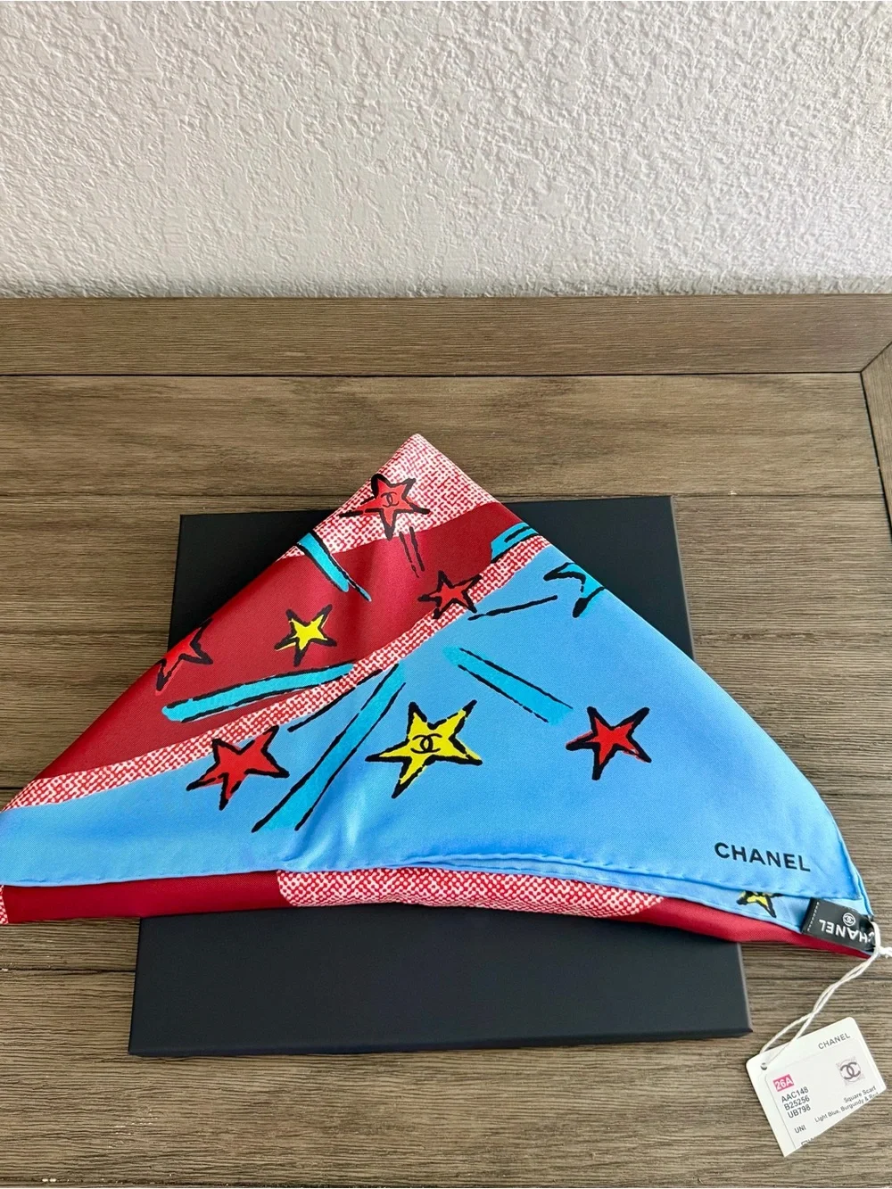 CHANEL Red, Blue & Yellow Star Silk Scarf